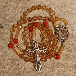 Rosary Necklace made of Golden Crystals and red Rose beads.